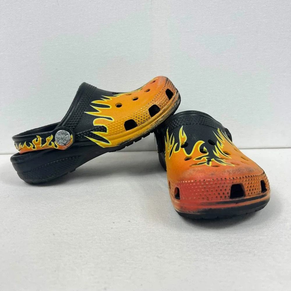 GUC Crocs Classic Flame Clogs Black Orange Fire Print Shoes Toddler Size 12